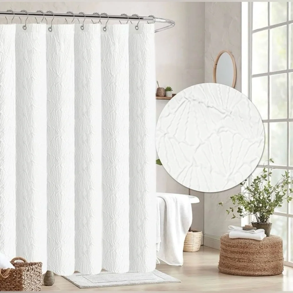 NWOT NEW White Scallop Shaped Textured Shower Curtain Coastal Water Resistant